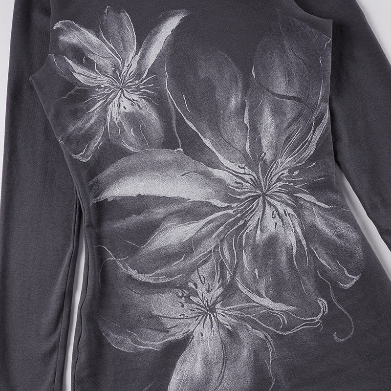 Modern Grunge Floral One-Shoulder Long Sleeve Top - Chic Fall Asymmetrical Style