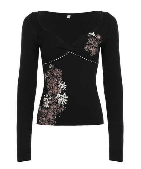 Autumn Bloom Black V-Neck Long Sleeve Top - Y2K Inspired Floral Chic