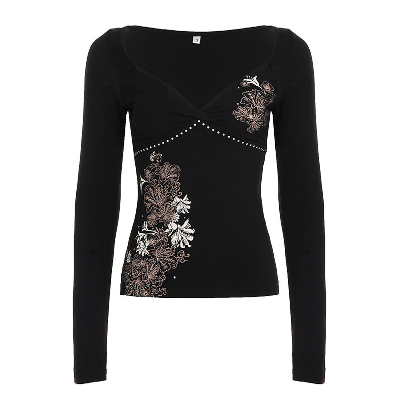 Autumn Bloom Black V-Neck Long Sleeve Top - Y2K Inspired Floral Chic