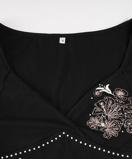 Autumn Bloom Black V-Neck Long Sleeve Top - Y2K Inspired Floral Chic