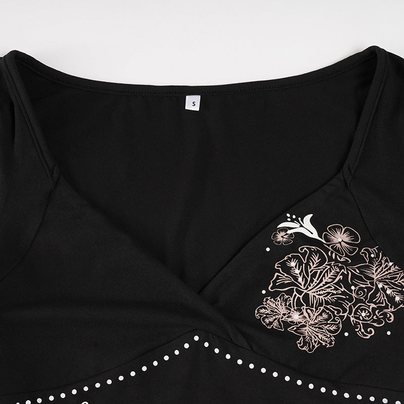 Autumn Bloom Black V-Neck Long Sleeve Top - Y2K Inspired Floral Chic