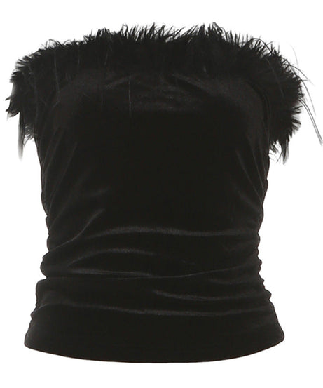 Black Velvet Feather Strapless Tube Top | Ruched & Backless for Holiday Parties