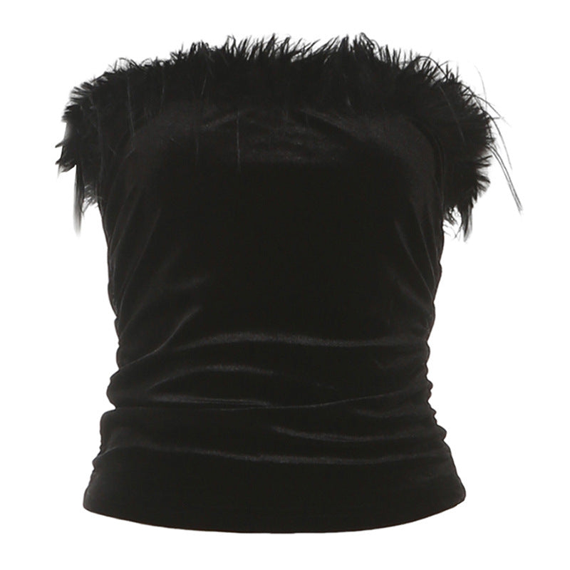 Black Velvet Feather Strapless Tube Top | Ruched & Backless for Holiday Parties