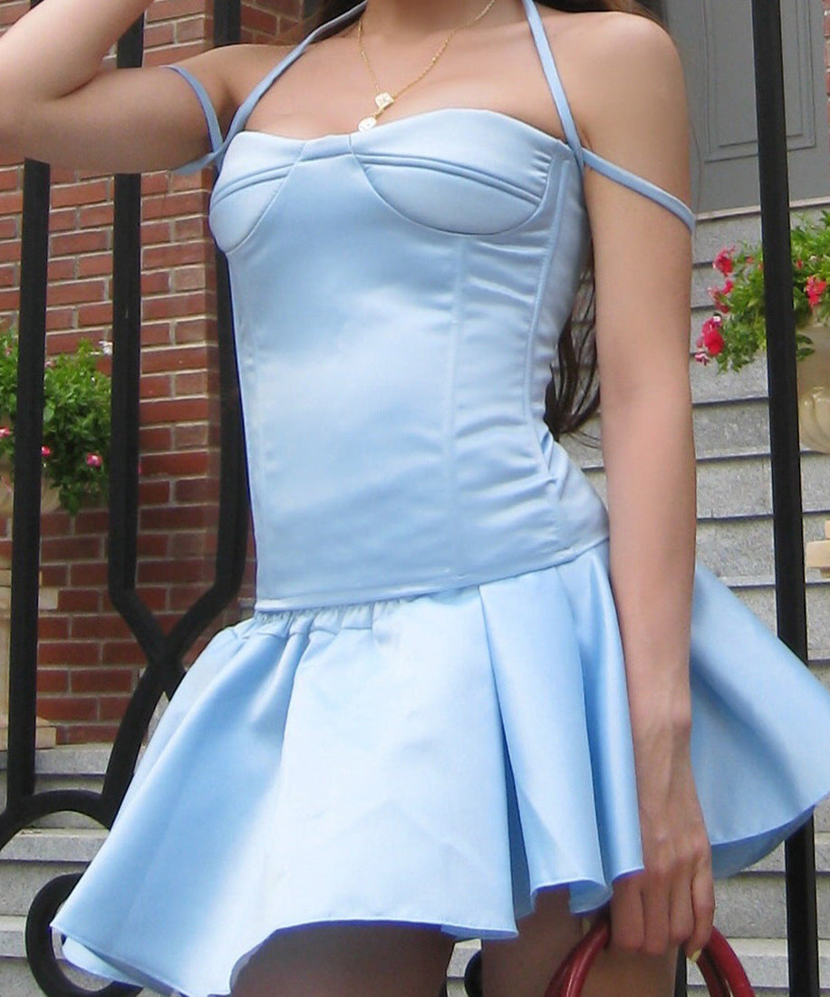 Dreamy Sky Blue Satin Corset Mini Dress - Halter Neck for Holiday Parties & NYE