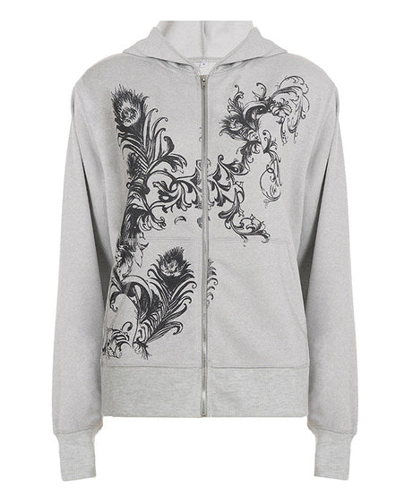Women's Ornate Feather Print Zip-Up Hoodie - Cozy Fall & Winter Streetwear