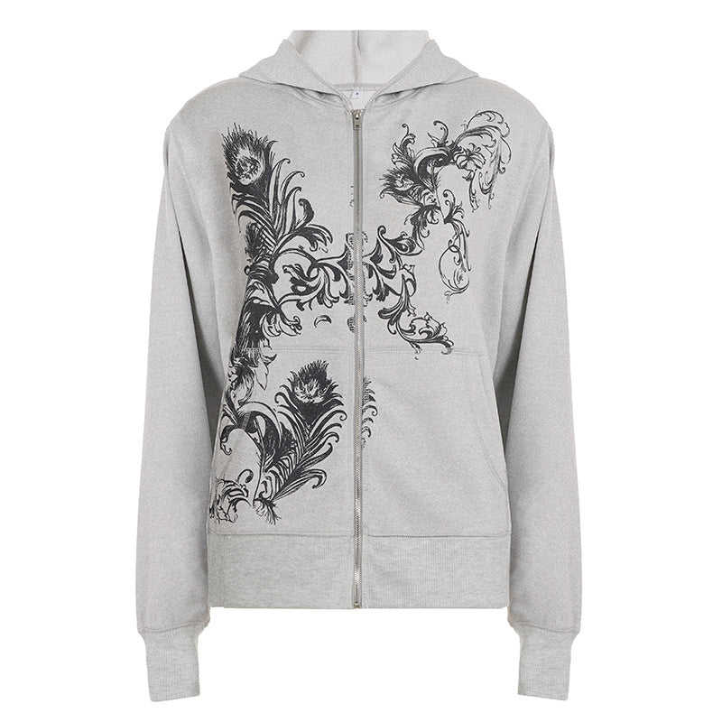 Women's Ornate Feather Print Zip-Up Hoodie - Cozy Fall & Winter Streetwear
