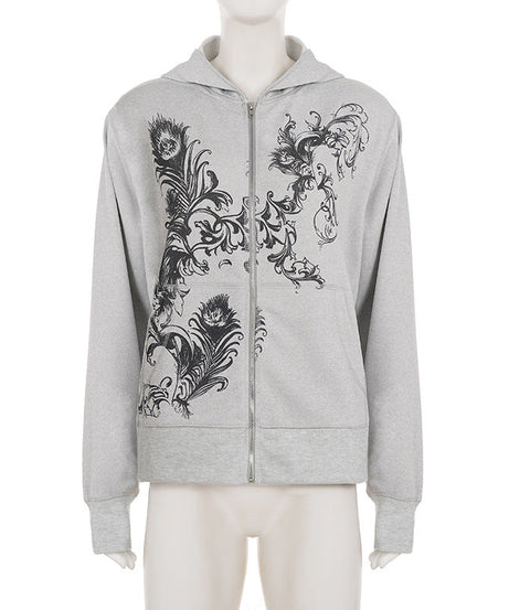 Women's Ornate Feather Print Zip-Up Hoodie - Cozy Fall & Winter Streetwear