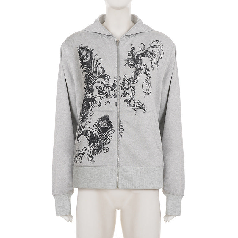 Women's Ornate Feather Print Zip-Up Hoodie - Cozy Fall & Winter Streetwear