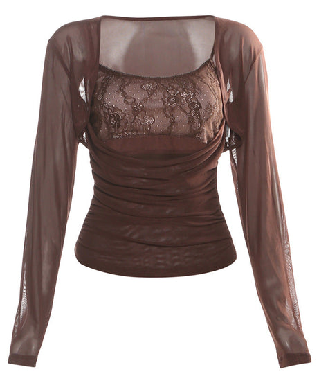 Fall Obsession: Chocolate Brown Sheer Shrug & Lace Cutout Ruched 2-Piece Top Set