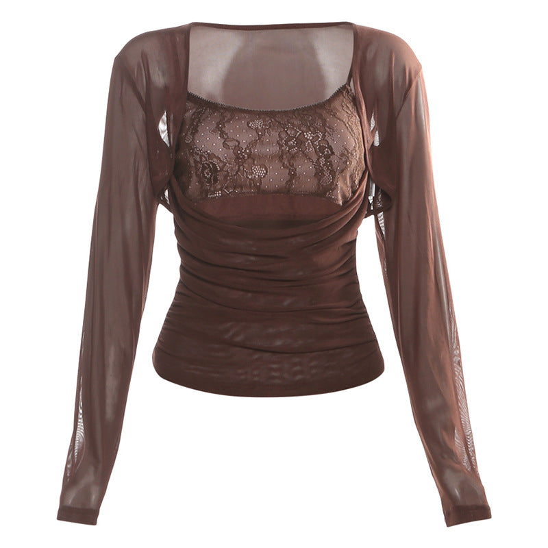 Fall Obsession: Chocolate Brown Sheer Shrug & Lace Cutout Ruched 2-Piece Top Set