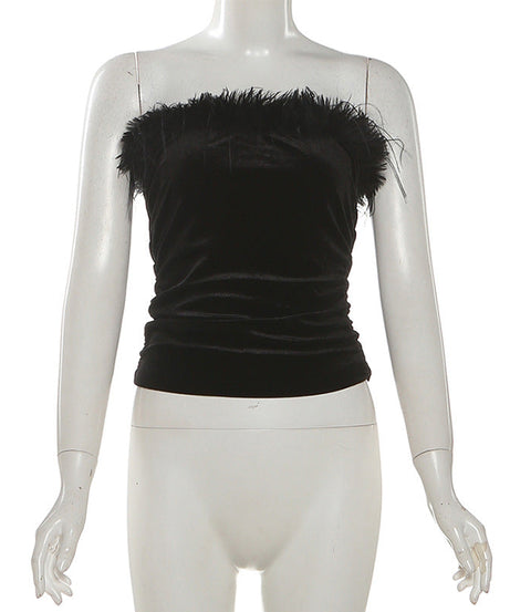 Black Velvet Feather Strapless Tube Top | Ruched & Backless for Holiday Parties