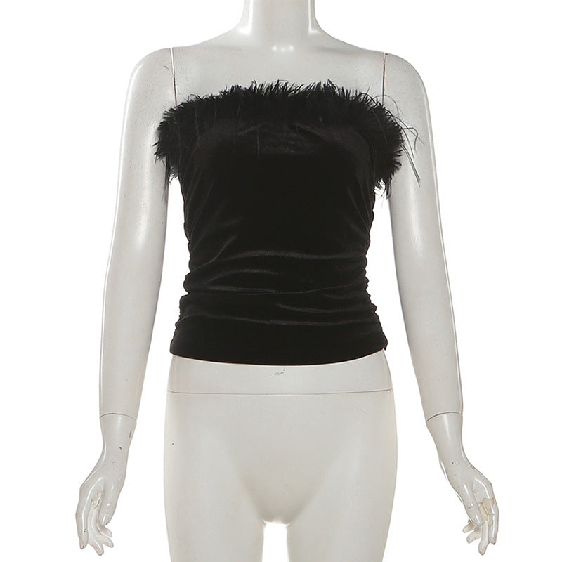 Black Velvet Feather Strapless Tube Top | Ruched & Backless for Holiday Parties