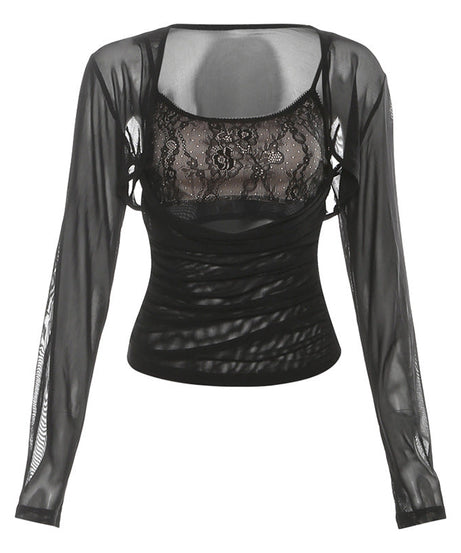 Fall Obsession: Chocolate Brown Sheer Shrug & Lace Cutout Ruched 2-Piece Top Set