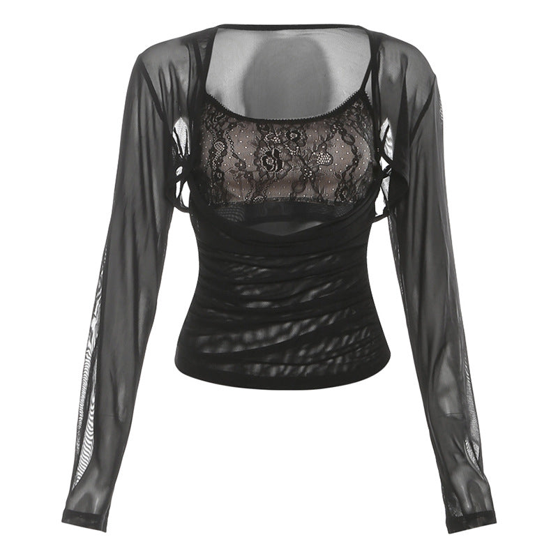 Fall Obsession: Chocolate Brown Sheer Shrug & Lace Cutout Ruched 2-Piece Top Set