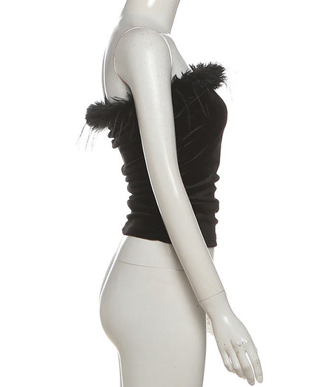 Black Velvet Feather Strapless Tube Top | Ruched & Backless for Holiday Parties