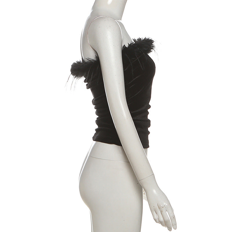 Black Velvet Feather Strapless Tube Top | Ruched & Backless for Holiday Parties