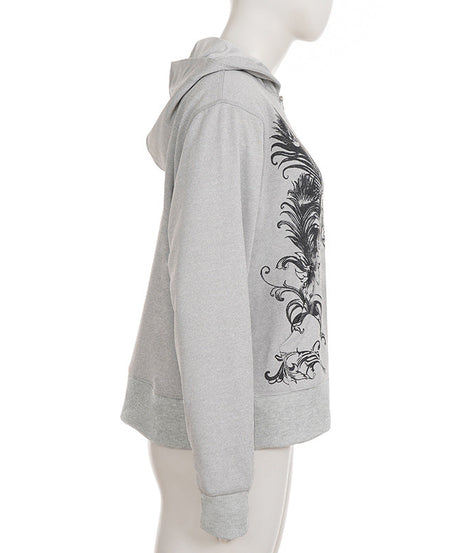 Women's Ornate Feather Print Zip-Up Hoodie - Cozy Fall & Winter Streetwear