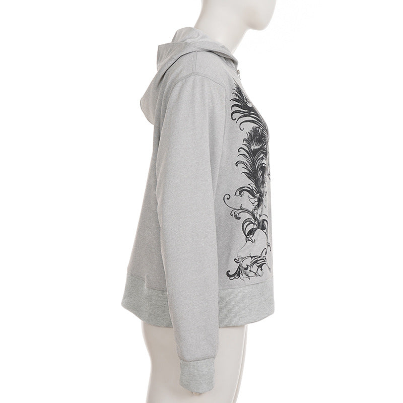 Women's Ornate Feather Print Zip-Up Hoodie - Cozy Fall & Winter Streetwear