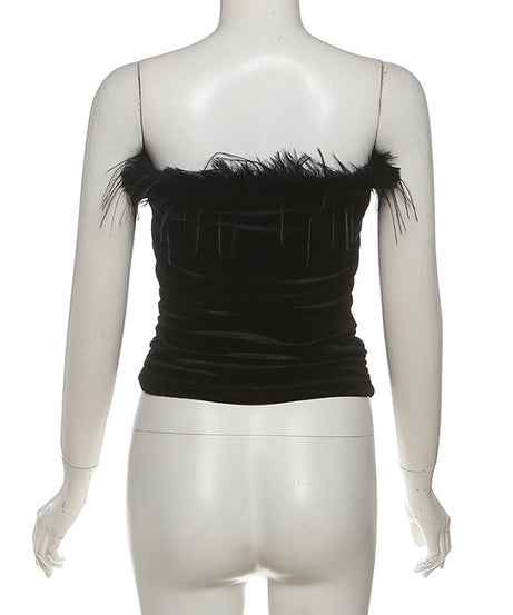 Black Velvet Feather Strapless Tube Top | Ruched & Backless for Holiday Parties