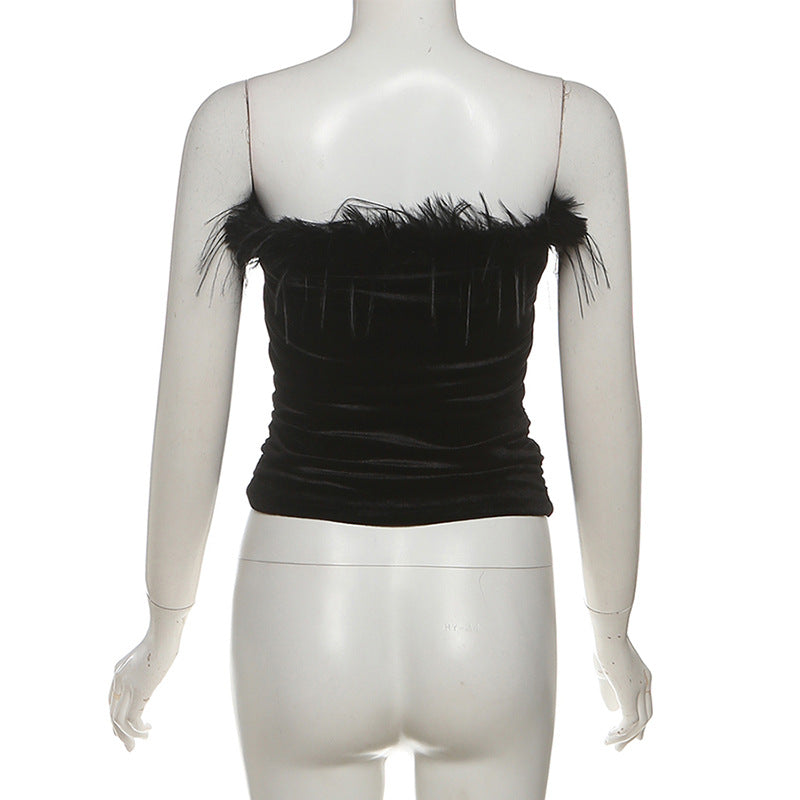 Black Velvet Feather Strapless Tube Top | Ruched & Backless for Holiday Parties