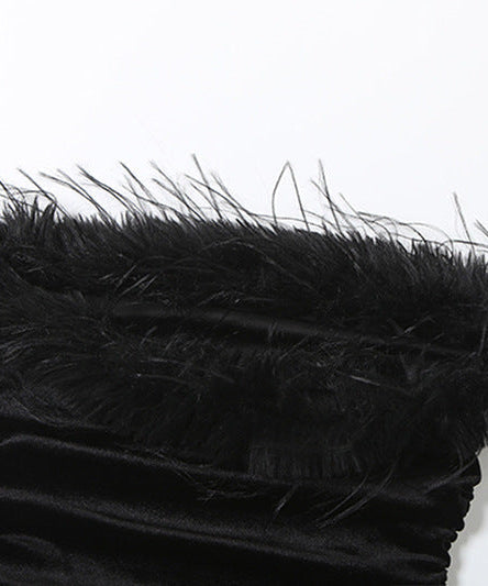 Black Velvet Feather Strapless Tube Top | Ruched & Backless for Holiday Parties