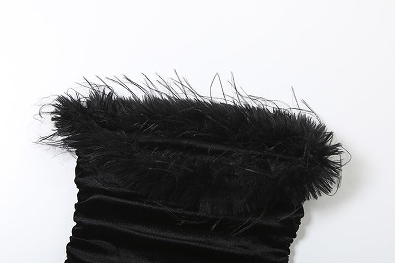 Black Velvet Feather Strapless Tube Top | Ruched & Backless for Holiday Parties