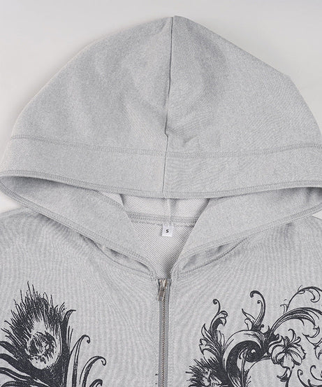 Women's Ornate Feather Print Zip-Up Hoodie - Cozy Fall & Winter Streetwear
