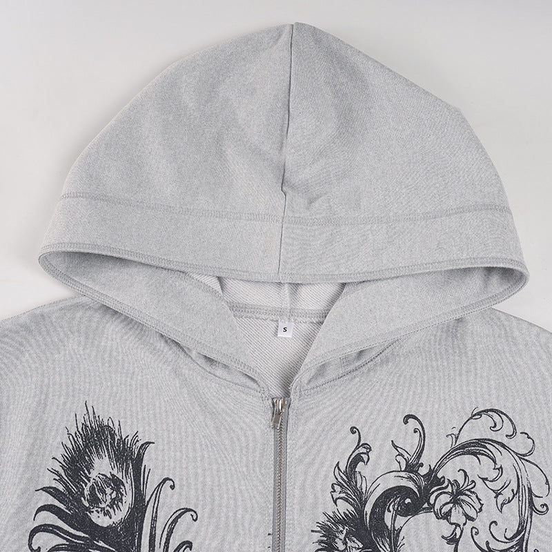 Women's Ornate Feather Print Zip-Up Hoodie - Cozy Fall & Winter Streetwear