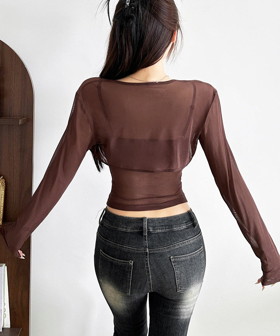 Fall Obsession: Chocolate Brown Sheer Shrug & Lace Cutout Ruched 2-Piece Top Set