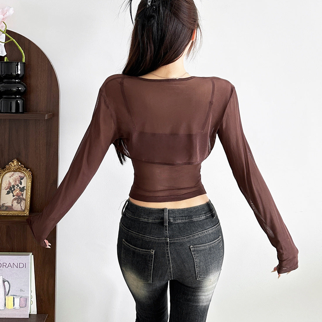 Fall Obsession: Chocolate Brown Sheer Shrug & Lace Cutout Ruched 2-Piece Top Set