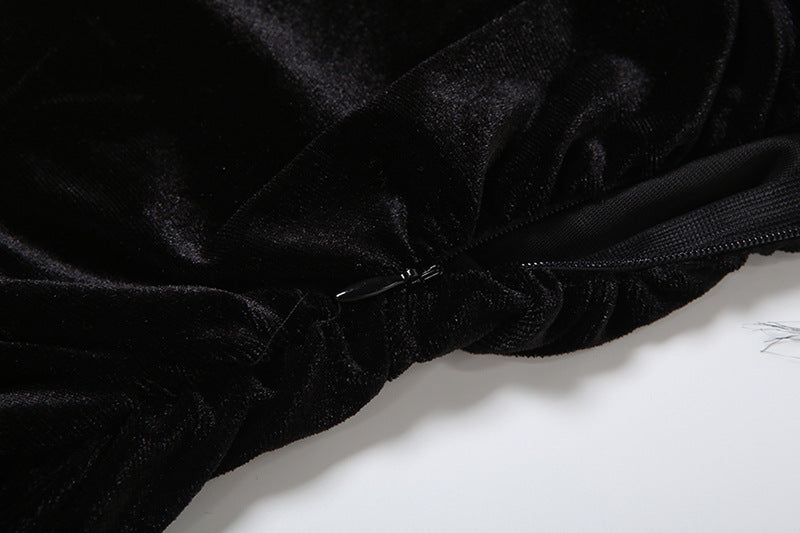 Black Velvet Feather Strapless Tube Top | Ruched & Backless for Holiday Parties