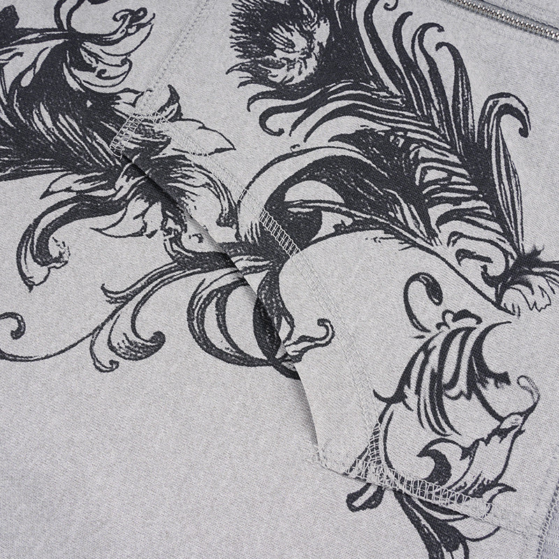 Women's Ornate Feather Print Zip-Up Hoodie - Cozy Fall & Winter Streetwear