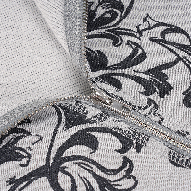 Women's Ornate Feather Print Zip-Up Hoodie - Cozy Fall & Winter Streetwear