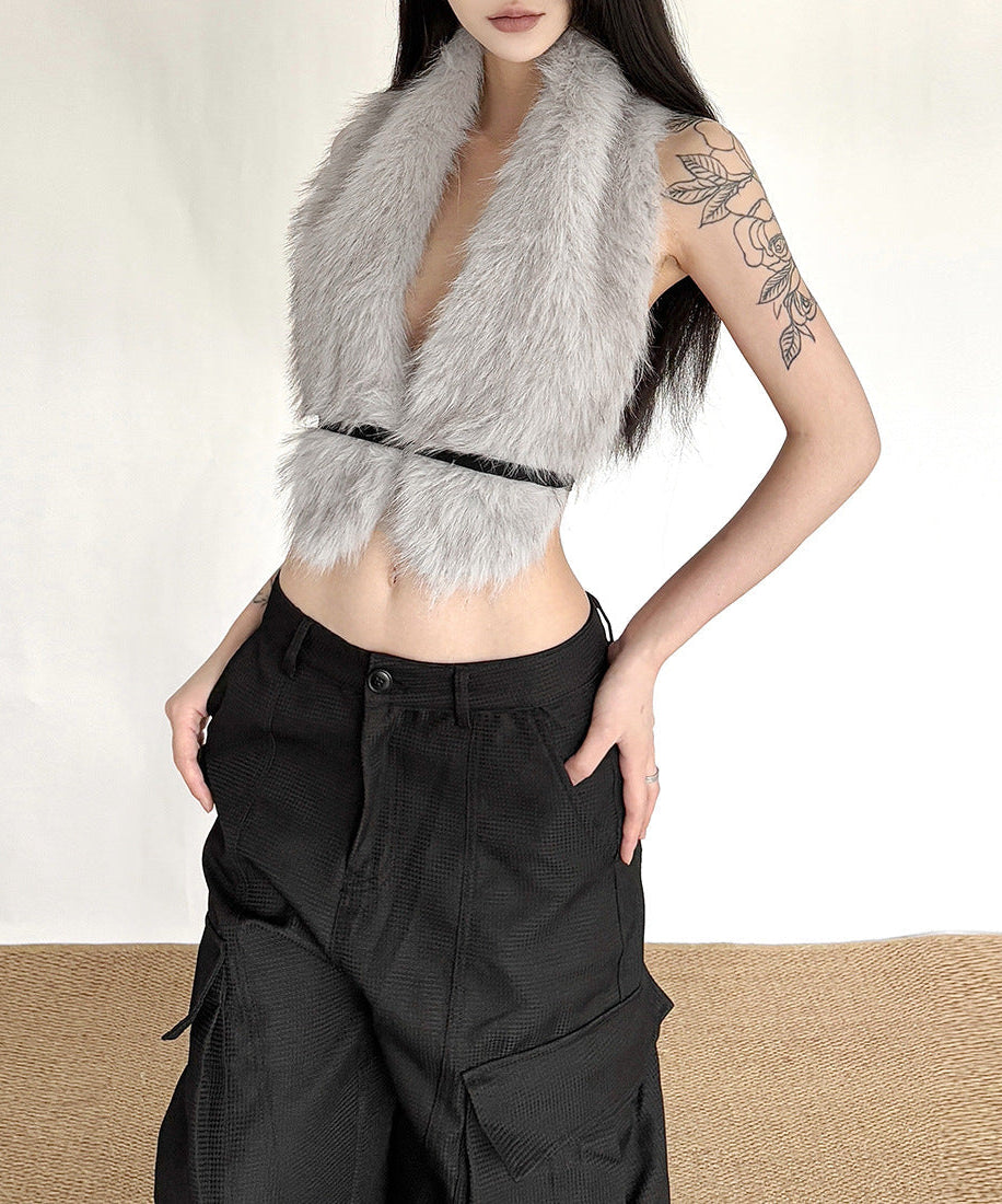 Cozy Chic Faux Fur Deep V-Neck Crop Top Vest | Trendy Fall & Holiday Statement