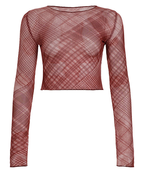 Chic Burgundy Plaid Sheer Mesh Crop Top - Long Sleeve Fall & Holiday Layering Essential