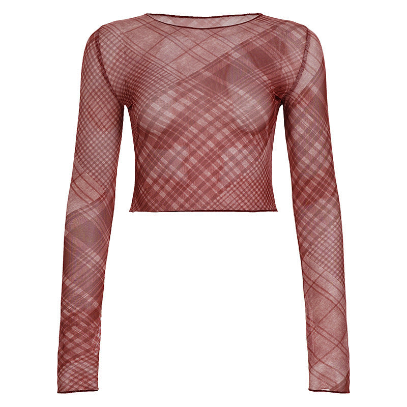Chic Burgundy Plaid Sheer Mesh Crop Top - Long Sleeve Fall & Holiday Layering Essential
