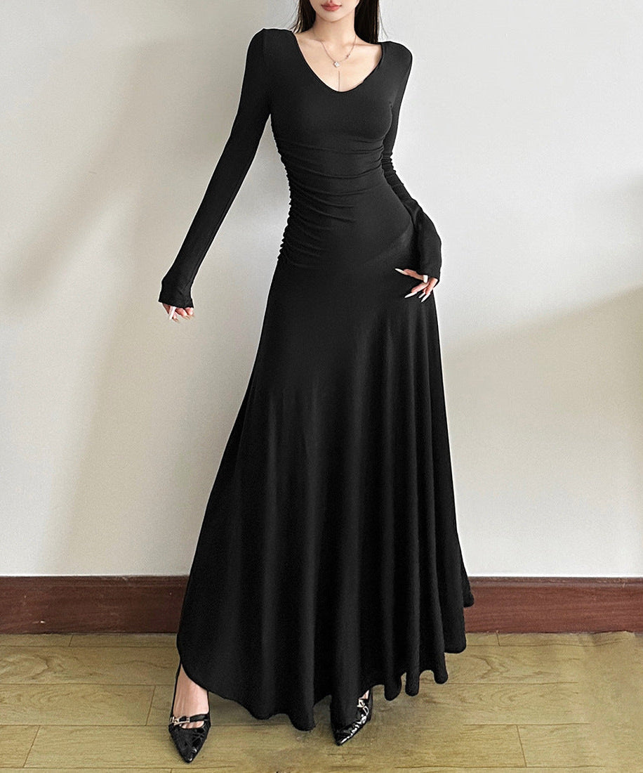 Effortless Elegance: Women's Ruched Black Maxi Dress - V-Neck Long Sleeve for Fall & Holiday Chic