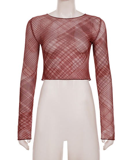 Chic Burgundy Plaid Sheer Mesh Crop Top - Long Sleeve Fall & Holiday Layering Essential