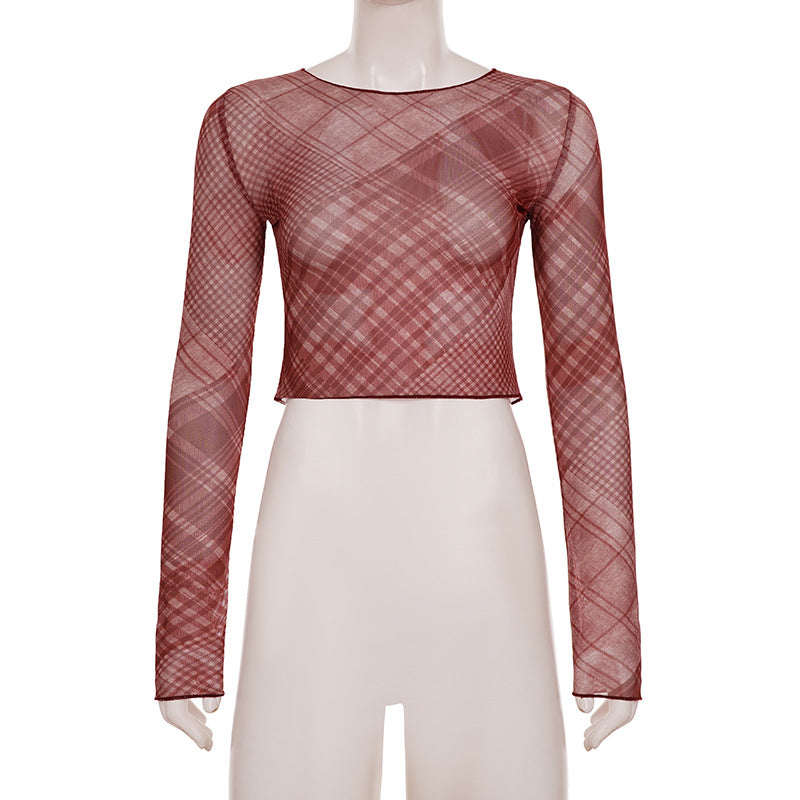 Chic Burgundy Plaid Sheer Mesh Crop Top - Long Sleeve Fall & Holiday Layering Essential