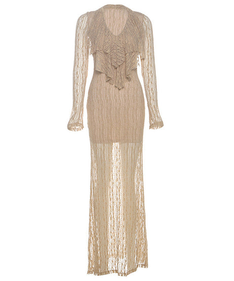 Glamorous Champagne Lace Maxi Dress | Long Sleeve V-Neck Ruffle Gown for Holiday & Evening Parties