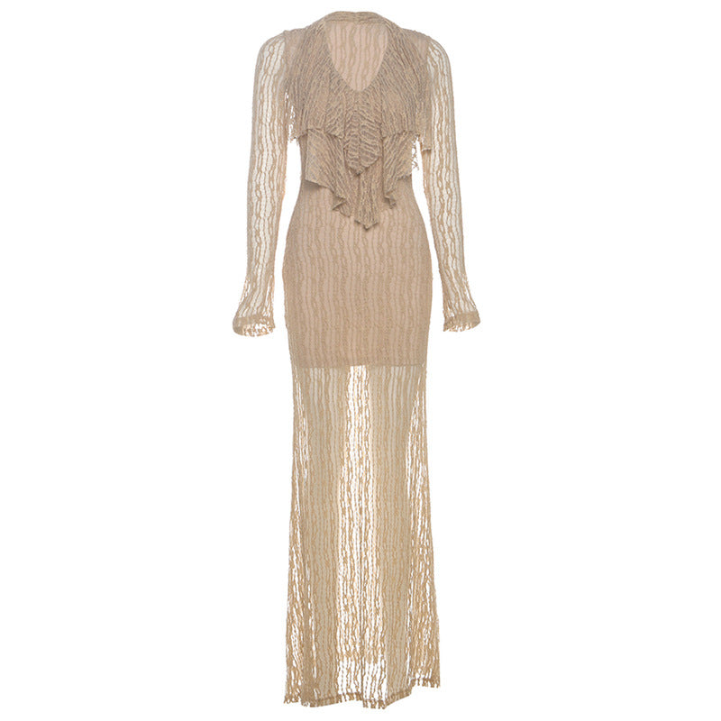 Glamorous Champagne Lace Maxi Dress | Long Sleeve V-Neck Ruffle Gown for Holiday & Evening Parties