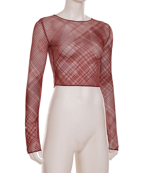 Chic Burgundy Plaid Sheer Mesh Crop Top - Long Sleeve Fall & Holiday Layering Essential