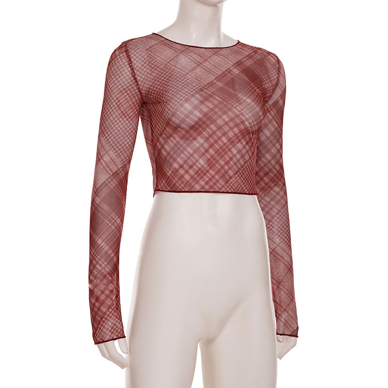 Chic Burgundy Plaid Sheer Mesh Crop Top - Long Sleeve Fall & Holiday Layering Essential