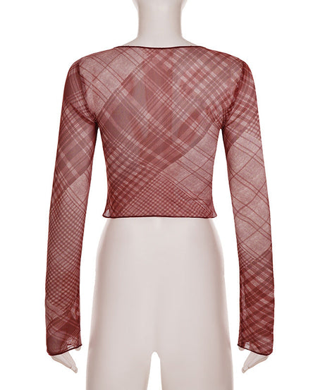 Chic Burgundy Plaid Sheer Mesh Crop Top - Long Sleeve Fall & Holiday Layering Essential