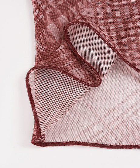 Chic Burgundy Plaid Sheer Mesh Crop Top - Long Sleeve Fall & Holiday Layering Essential