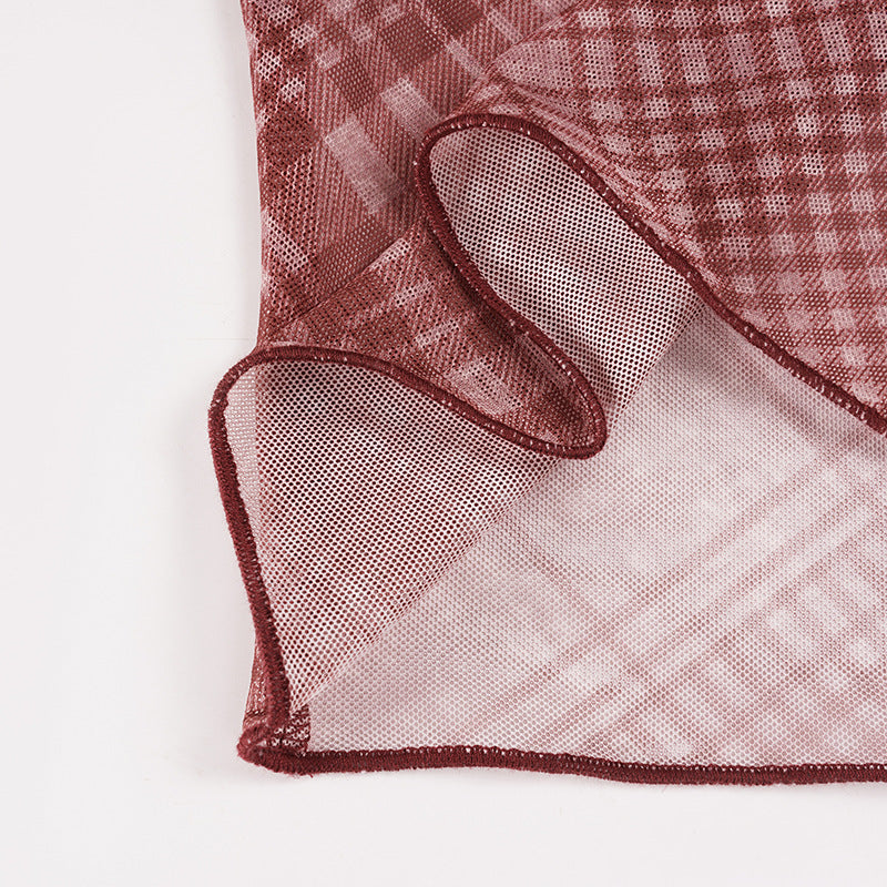 Chic Burgundy Plaid Sheer Mesh Crop Top - Long Sleeve Fall & Holiday Layering Essential