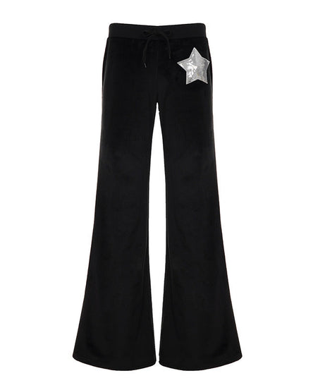 Black Velvet Wide-Leg Pants with Shimmer Star - Cozy Chic for Fall & Holiday Glam