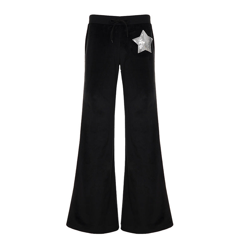 Black Velvet Wide-Leg Pants with Shimmer Star - Cozy Chic for Fall & Holiday Glam