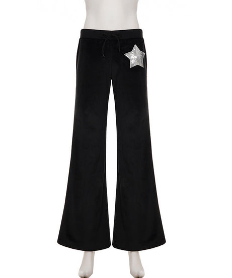 Black Velvet Wide-Leg Pants with Shimmer Star - Cozy Chic for Fall & Holiday Glam