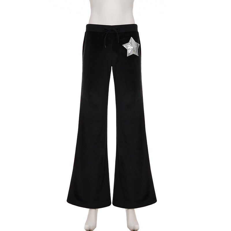 Black Velvet Wide-Leg Pants with Shimmer Star - Cozy Chic for Fall & Holiday Glam